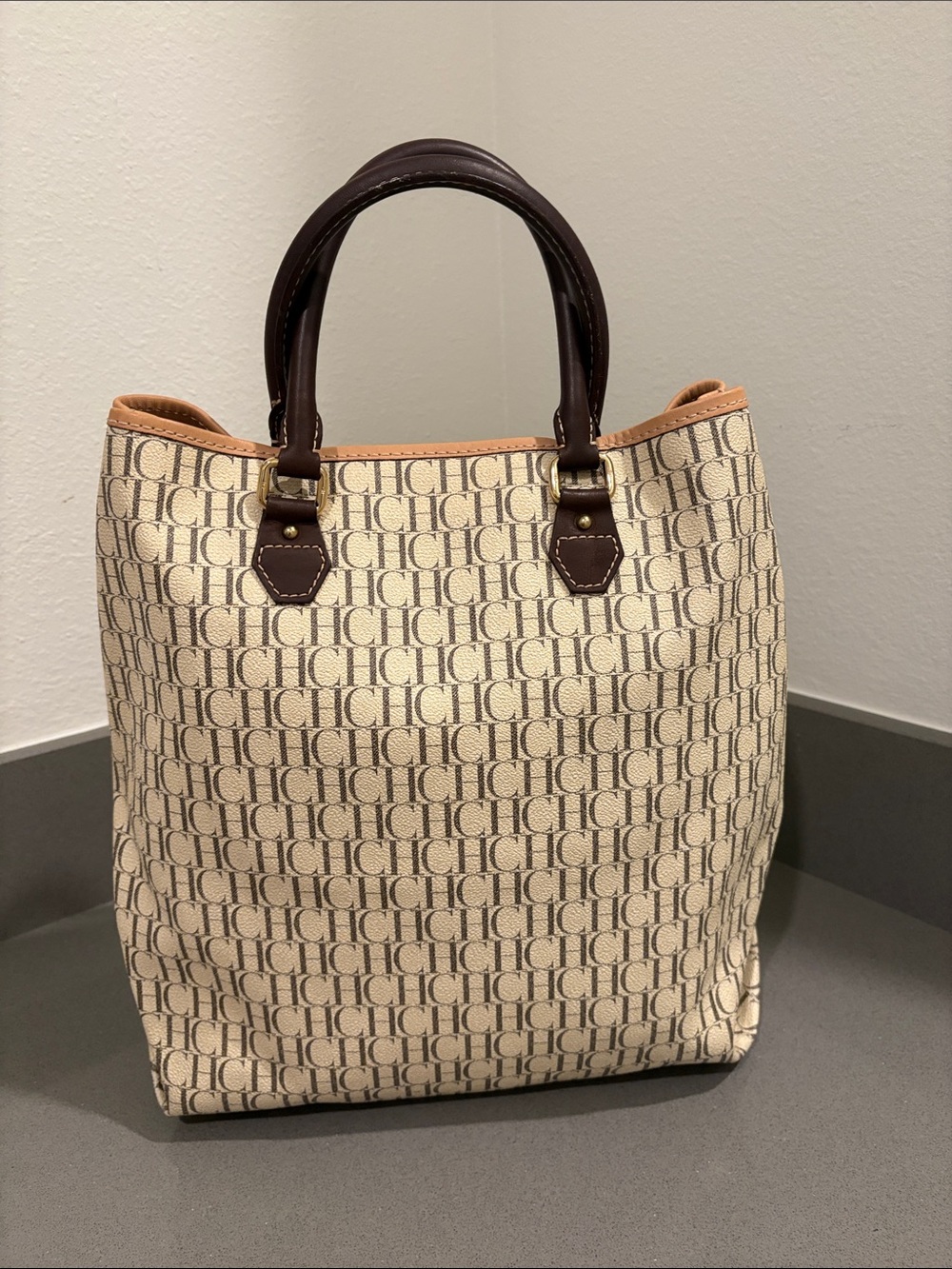 Carolina Herrera Cream Monogram Tote with Brown Handles